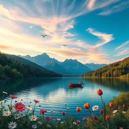 A vibrant and colorful fantasy landscape featuring a serene lake surrounded by lush green forests and majestic mountains in the background