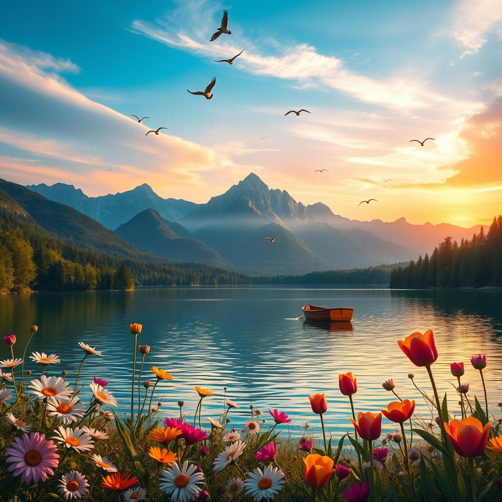 A vibrant and colorful fantasy landscape featuring a serene lake surrounded by lush green forests and majestic mountains in the background