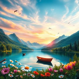 A vibrant and colorful fantasy landscape featuring a serene lake surrounded by lush green forests and majestic mountains in the background