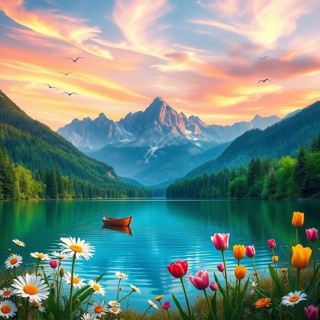 A vibrant and colorful fantasy landscape featuring a serene lake surrounded by lush green forests and majestic mountains in the background