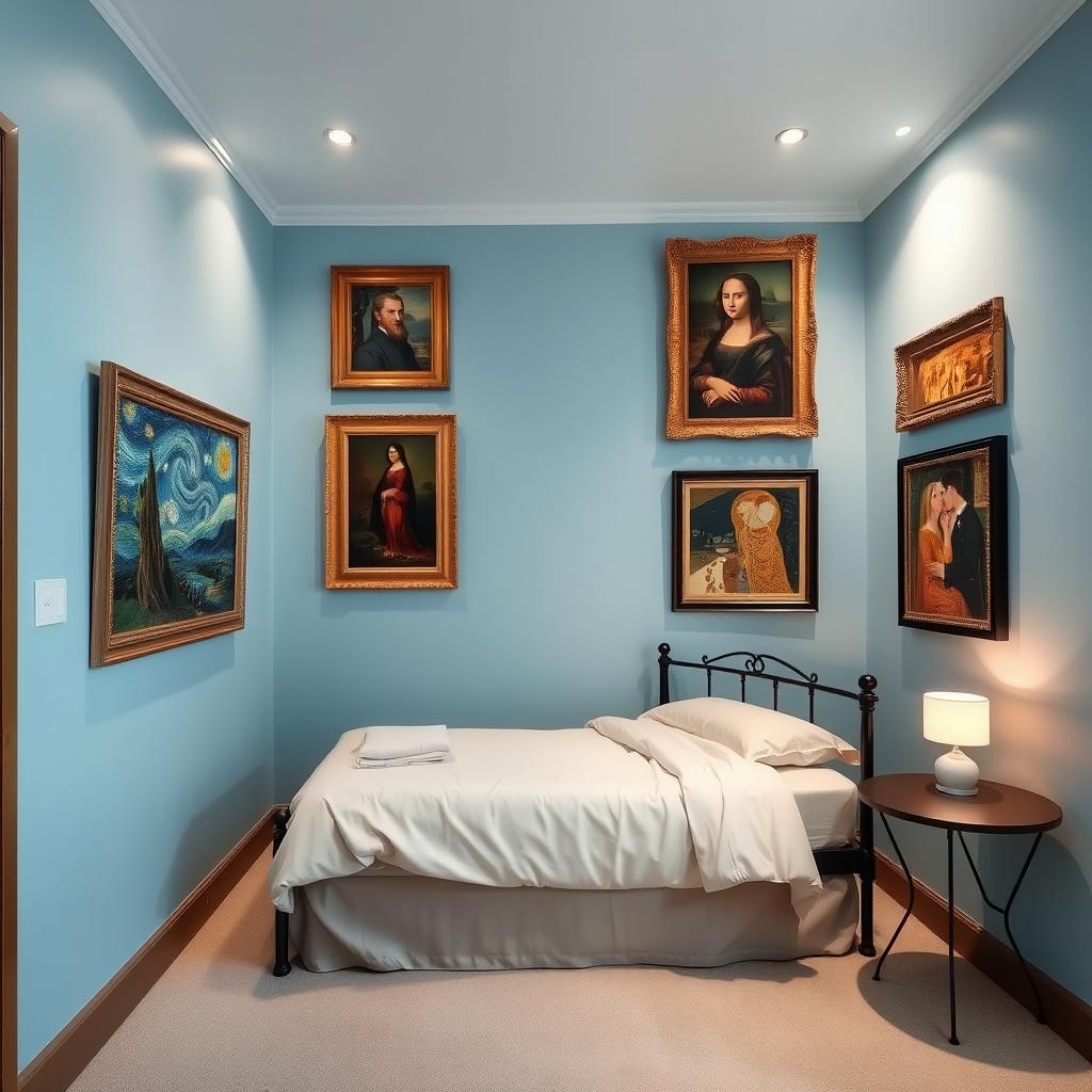 A cozy room with a sky blue wall, featuring a single bed with comfortable bedding