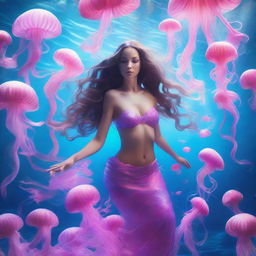 An enchanting undersea spectacle of a beautiful mermaid gracefully navigating through a mesmerizing swarm of electric pink jellyfish, illuminating the surrounding azure waters.