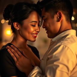 An intimate scene depicting an Indonesian couple in a romantic setting, showcasing their deep connection and affection for each other