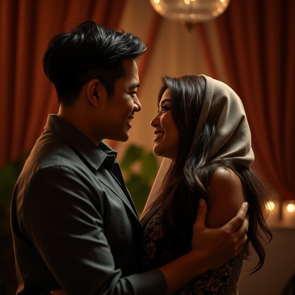 An intimate scene depicting an Indonesian couple in a romantic setting, showcasing their deep connection and affection for each other