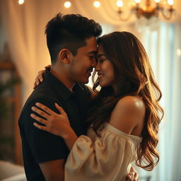 An intimate scene depicting an Indonesian couple in a romantic setting, showcasing their deep connection and affection for each other