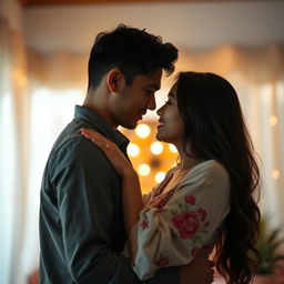An intimate scene depicting an Indonesian couple in a romantic setting, showcasing their deep connection and affection for each other