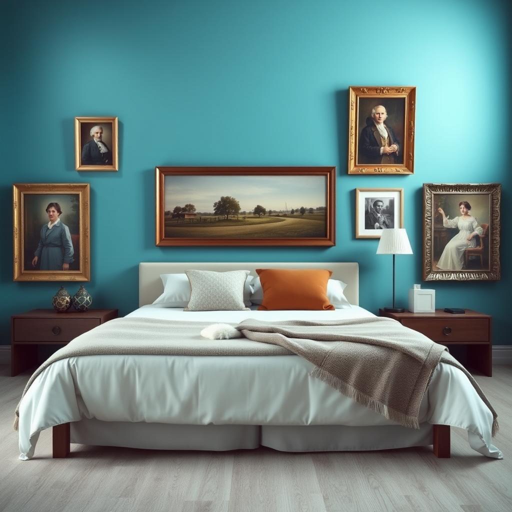 A serene bedroom with a sky blue wall, featuring a single bed neatly made