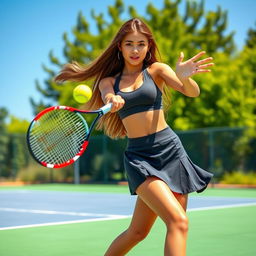 A stunning teenage girl playing tennis, wearing a stylish and sexy tennis outfit featuring a short, flared skirt and a fitted top
