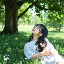 A young Japanese girl relaxing under a shady tree on a sunny day