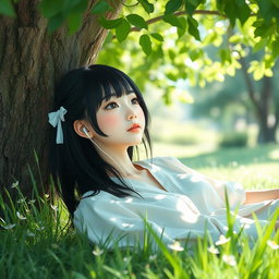 A young Japanese girl relaxing under a shady tree on a sunny day