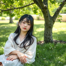 A young Japanese girl relaxing under a shady tree on a sunny day