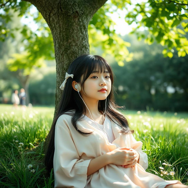 A young Japanese girl relaxing under a shady tree on a sunny day