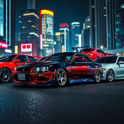 A dynamic and vibrant scene showcasing various JDM (Japanese Domestic Market) cars in an urban environment
