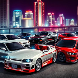 A dynamic and vibrant scene showcasing various JDM (Japanese Domestic Market) cars in an urban environment