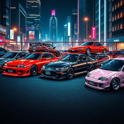 A dynamic and vibrant scene showcasing various JDM (Japanese Domestic Market) cars in an urban environment