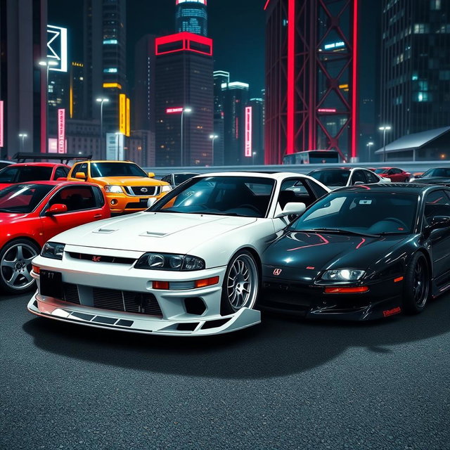 A dynamic and vibrant scene showcasing various JDM (Japanese Domestic Market) cars in an urban environment