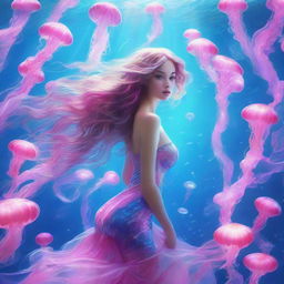 An enchanting undersea spectacle of a beautiful mermaid gracefully navigating through a mesmerizing swarm of electric pink jellyfish, illuminating the surrounding azure waters.