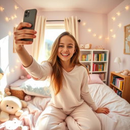 A teenage girl joyfully taking a selfie in her cozy bedroom