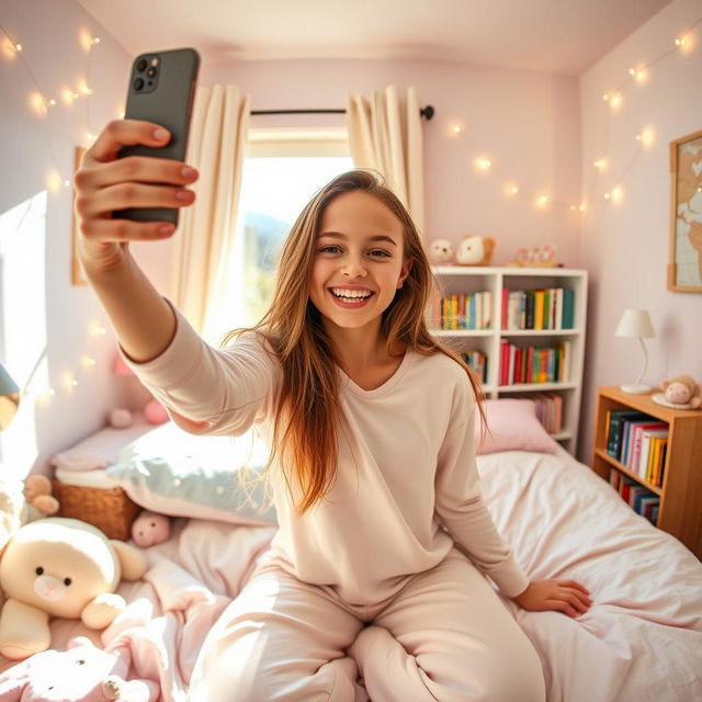 A teenage girl joyfully taking a selfie in her cozy bedroom