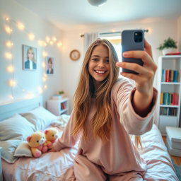 A teenage girl joyfully taking a selfie in her cozy bedroom