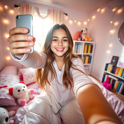 A teenage girl joyfully taking a selfie in her cozy bedroom