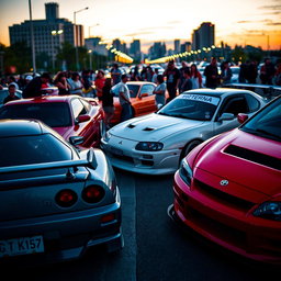 A dynamic scene featuring various JDM (Japanese Domestic Market) cars lined up at a car meet
