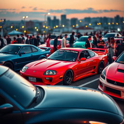 A dynamic scene featuring various JDM (Japanese Domestic Market) cars lined up at a car meet