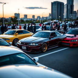 A dynamic scene featuring various JDM (Japanese Domestic Market) cars lined up at a car meet