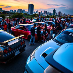 A dynamic scene featuring various JDM (Japanese Domestic Market) cars lined up at a car meet