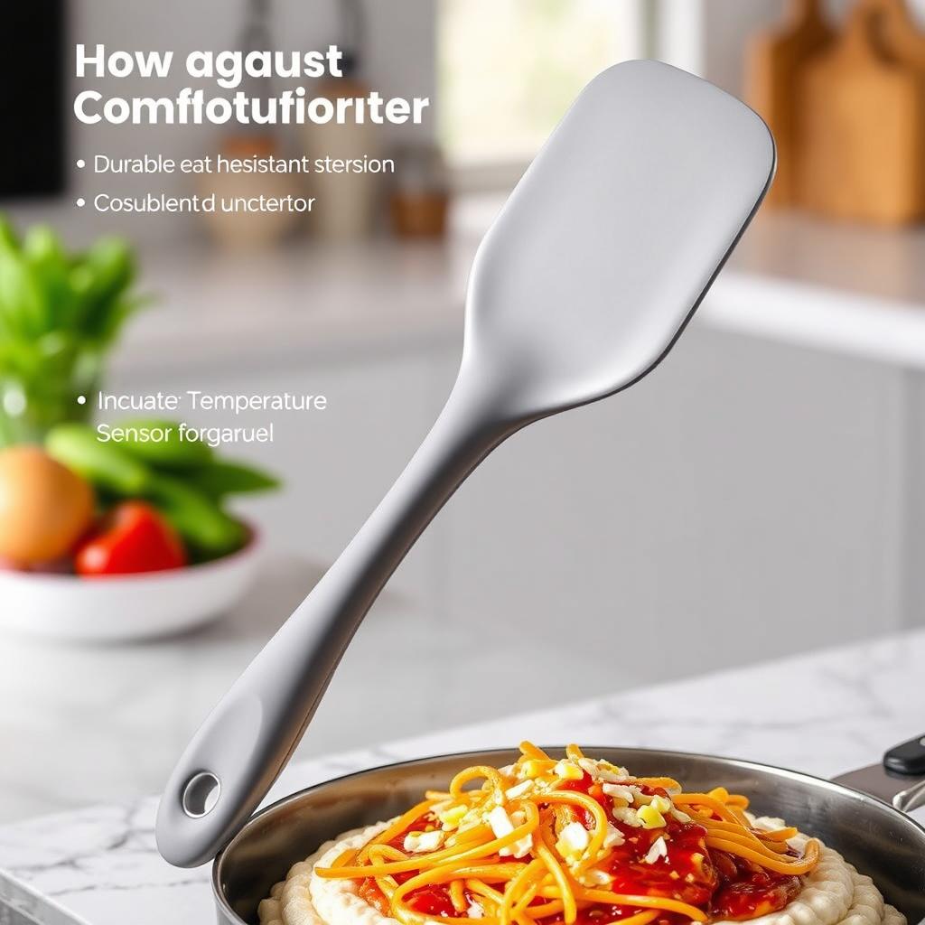 An innovative spatula featuring an oval-shaped handle designed for comfort and control