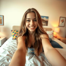 A teenage girl in her bedroom, taking a selfie while lounging on her bed, exuding confidence and playfulness