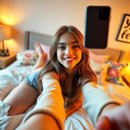 A teenage girl in her bedroom, taking a selfie while lounging on her bed, exuding confidence and playfulness