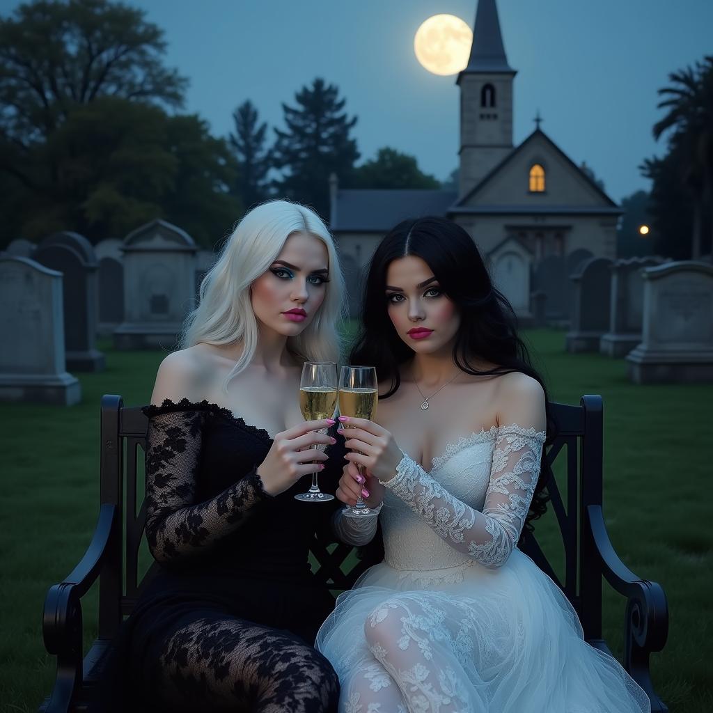 A very beautiful, attractive, stunning, curvy young woman with striking black and white hair, dressed in a tight low-cut black lace gown