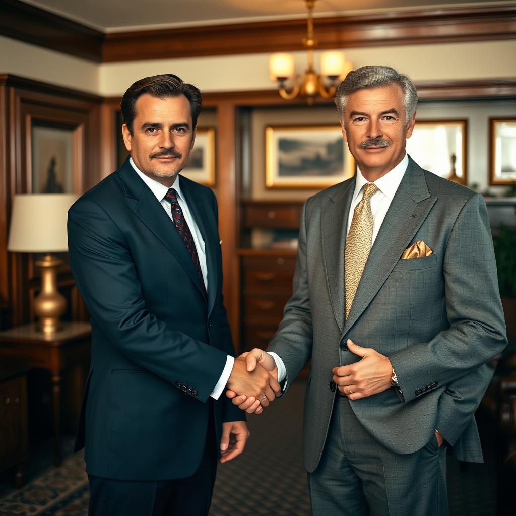 Two sophisticated men shaking hands, dressed in elegant 1990s suits, featuring sharp lapels and classic ties