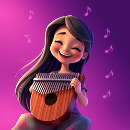 A vibrant animated scene featuring a girl joyfully playing a kalimba
