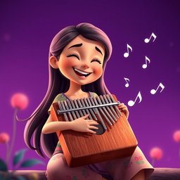 A vibrant animated scene featuring a girl joyfully playing a kalimba