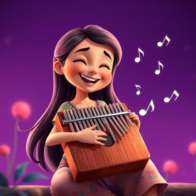 A vibrant animated scene featuring a girl joyfully playing a kalimba