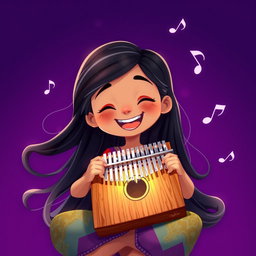 A vibrant animated scene featuring a girl joyfully playing a kalimba