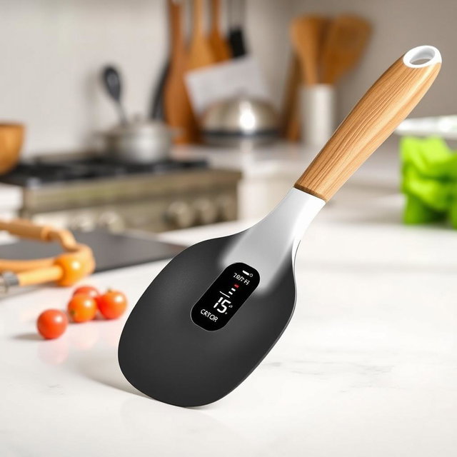 A kitchen spatula featuring an ergonomic oval-shaped handle that incorporates an advanced temperature sensor technology