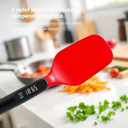 A kitchen spatula featuring an ergonomic oval-shaped handle that incorporates an advanced temperature sensor technology