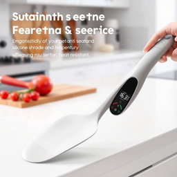 A kitchen spatula featuring an ergonomic oval-shaped handle that incorporates an advanced temperature sensor technology