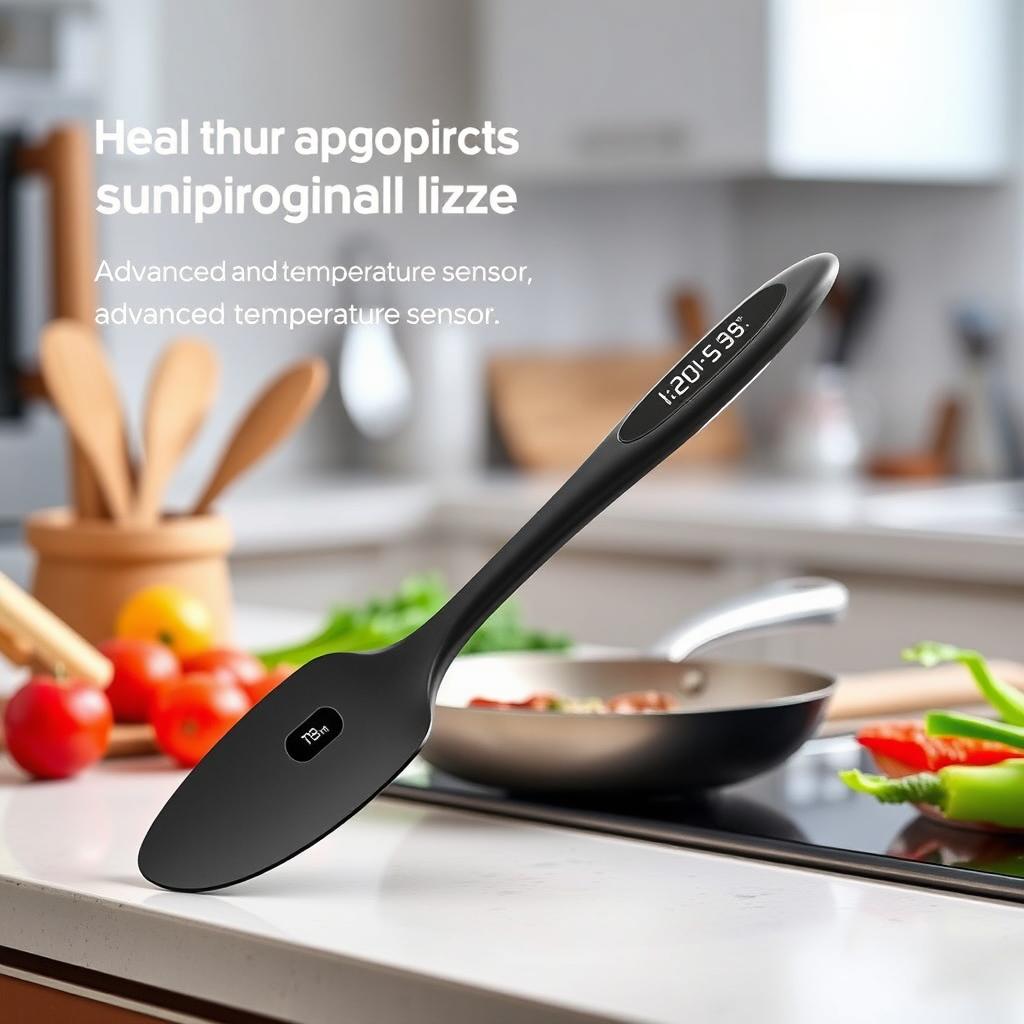 A kitchen spatula featuring an ergonomic oval-shaped handle that incorporates an advanced temperature sensor technology