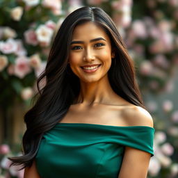 A full portrait of an elegant, poised woman with a confident smile