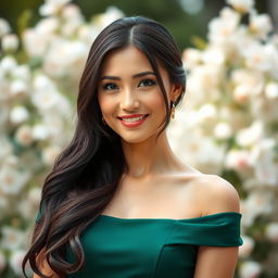 A full portrait of an elegant, poised woman with a confident smile