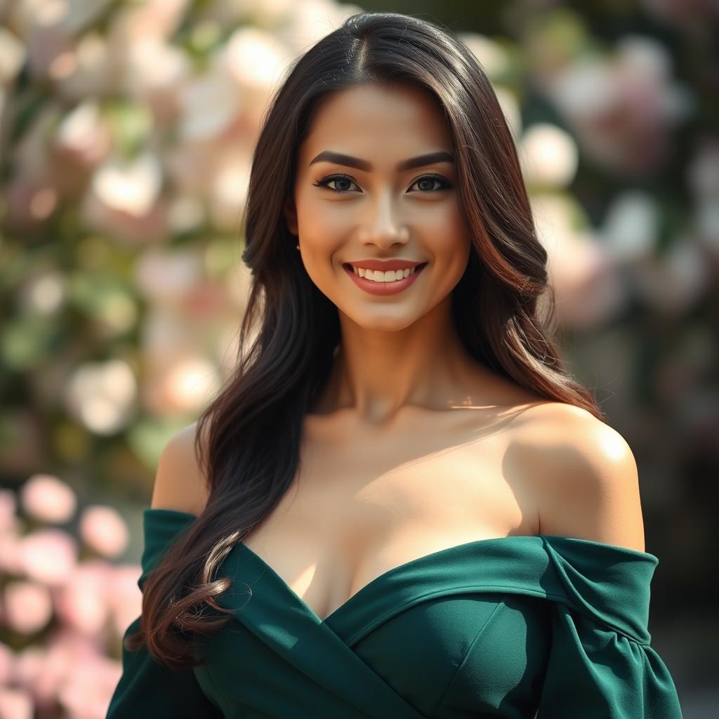 A full portrait of an elegant, poised woman with a confident smile