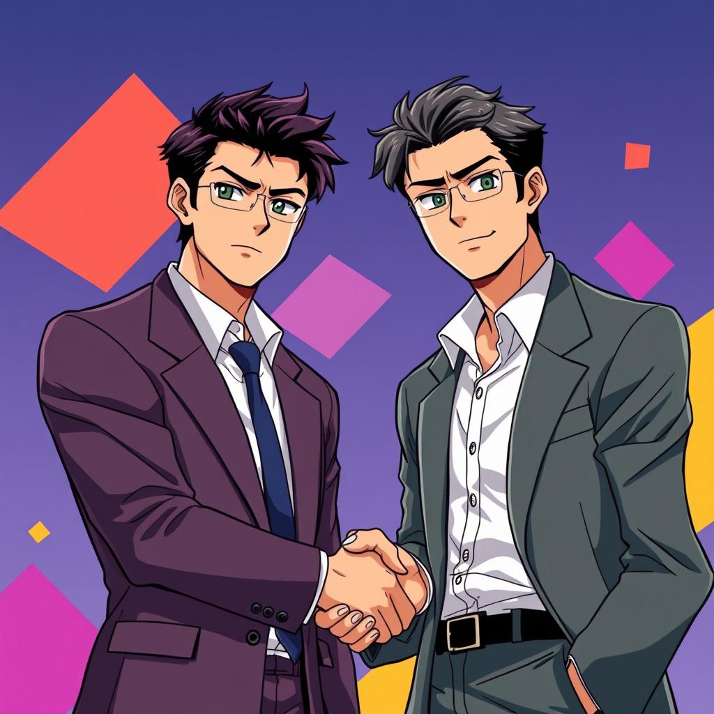 Two men shaking hands, wearing stylish 1990s suits, with a serious demeanor, anime art style, showcasing their facial expressions and body language that convey professionalism and mutual respect