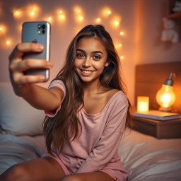 A teenage girl taking a selfie in bed, featuring a cozy bedroom atmosphere