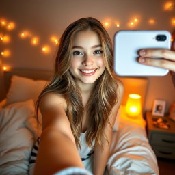 A teenage girl taking a selfie in bed, featuring a cozy bedroom atmosphere