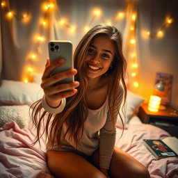 A teenage girl taking a selfie in bed, featuring a cozy bedroom atmosphere