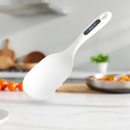 A spatula featuring an innovative oval-shaped handle, elegantly designed to include a built-in temperature sensor for efficient cooking